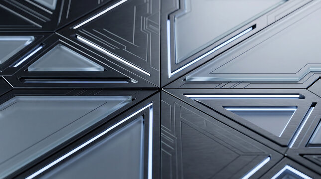 Symmetrical sci-fi geometric 3D render featuring intricate metal lines and glass surfaces.