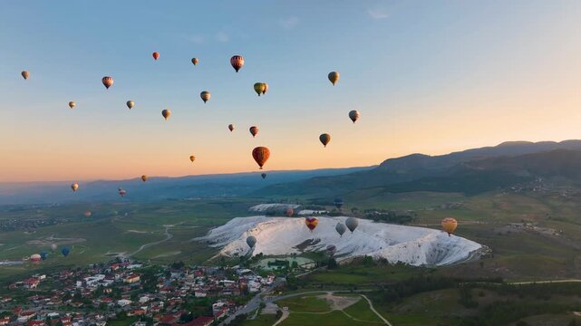 Hot air balloons and Natural travertine pools at sunrise in Pamukkale, Hierapolis, Denizli, Turkey