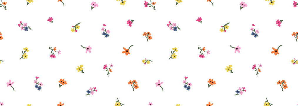 Hand drawn colorful floral seamless pattern. Pattern of meadow flowers. Floral design for covers, textiles, New born baby drees print. small flower background. Vintage Flower background.