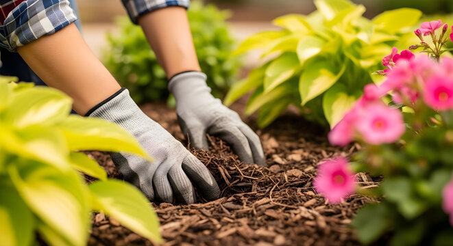 person gardening, planting flowers, mulching garden bed
