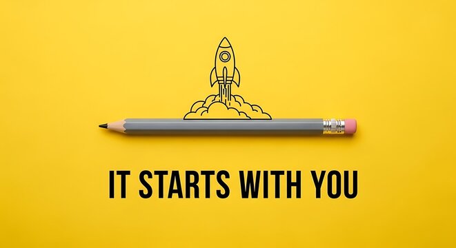 Pencil rocket launch concept illustrates starting your next big idea today
