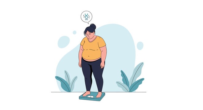 Sad woman standing on a bathroom scale looks down in disappointment while an icon indicates weight gain.