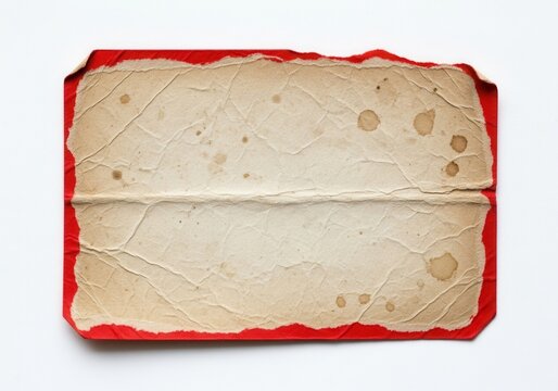 A close-up of a vintage, folded paper with a red border