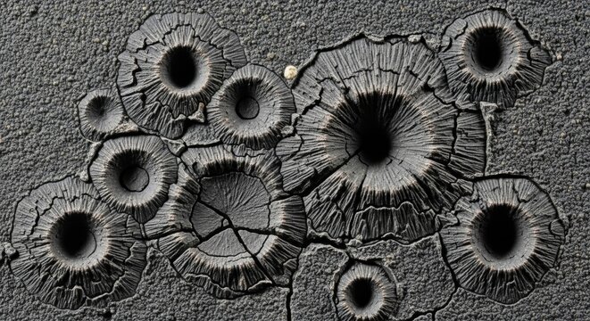 Close-up view of intricate microscopic impact craters on a dark, rough geological surface showing detailed textures and formations.