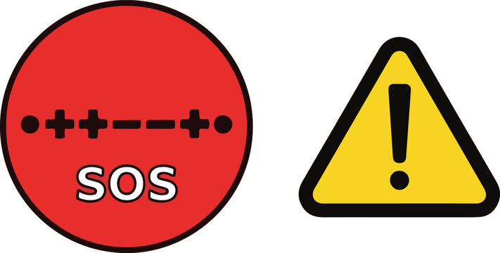 SOS emergency signal and warning exclamation icon set with Morse code symbol in flat line style on white background