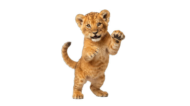 Playful lion cub pouncing isolated on white background