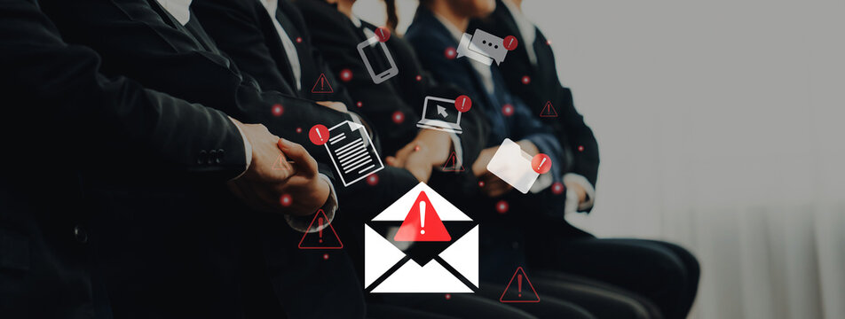 A modern business concept image depicting professionals in suits waiting in a line, surrounded by digital communication icons emphasizing email alerts and information security. Gantry