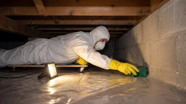 Exterminator in protective suit placing rodent bait station under house. Professional pest control worker checking crawl space for insects and mice. Industrial sanitization service.