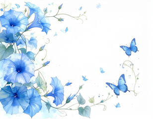 Fototapeta premium Blue morning glory flowers and butterflies, watercolor illustration for spring and summer decoration