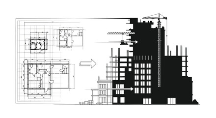 Architectural design transforms from blueprint to a striking black silhouette of a building under construction high quality professional detailed modern elegant © mrvect02
