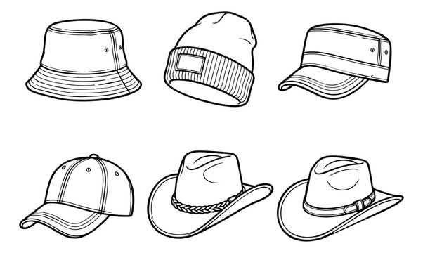Outline icon set of 6 hats featuring bucket hat, beanie, military cap, baseball cap and cowboy styles for fashion design
