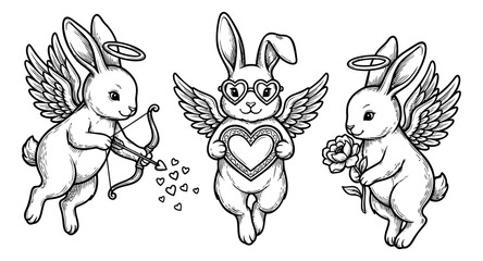 Fototapeta premium Outline illustration set of 3 angel bunny characters featuring wings, halo, bow and arrow, heart, and rose for Valentine's day design