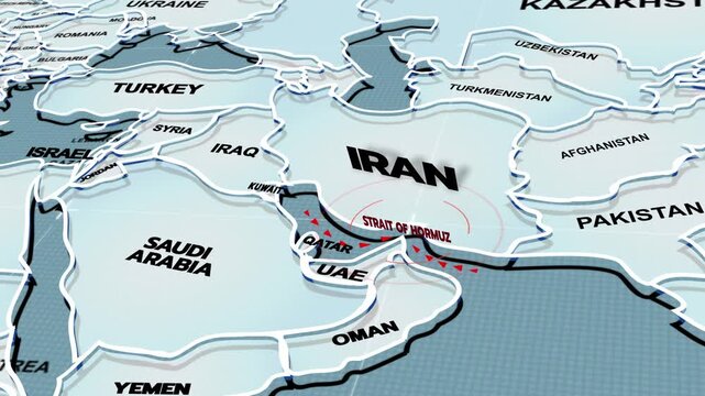 A 3D world map highlights Strait of Hormuz, and Iran, the Middle East, IRAN map, UAE map, Dubai, Strait of Hormuz, animation