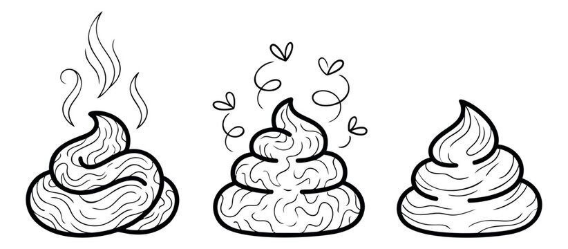 Outline icon set of 3 poop emoji symbols featuring smelly stinky and fresh doodle variations for humor and comic design