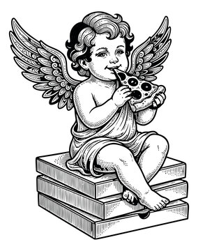 Engraving illustration of a cherub depicting a winged baby angel eating pizza while seated on books for vintage and tattoo design