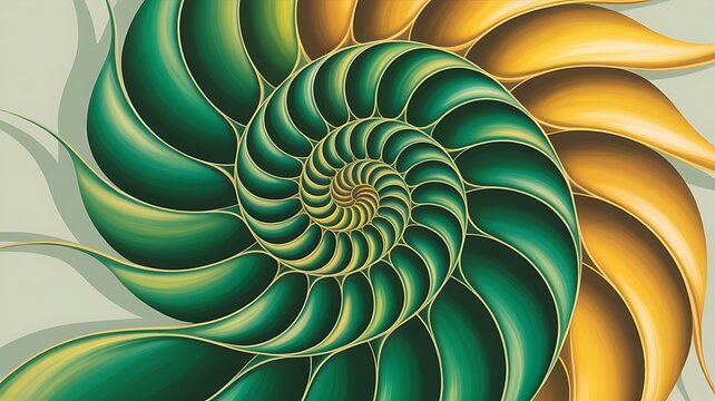 Abstract green and yellow swirling nautilus shell pattern, fibonacci sequence illustration