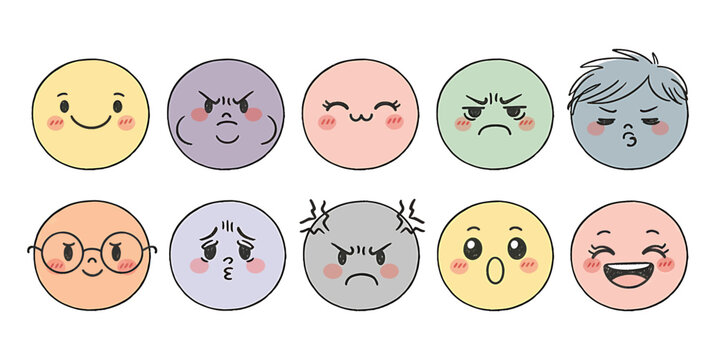 Set of doodle emojis. Funny, happy, sad, angry, crying and scared emoticons. Cute people facial expression icons. A collection of simple face stickers drawn with pencil lines in a circle