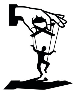 Silhouette illustration of puppet master hand controlling person depicting manipulation and power concept for business and social design