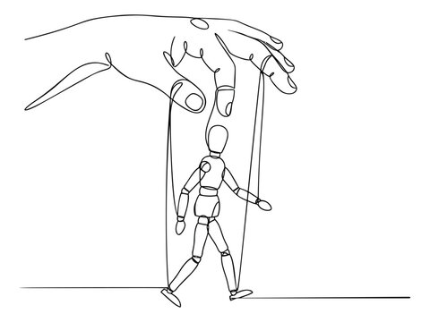 Line art illustration of a hand controlling a puppet depicting manipulation and power concept for business and psychology design