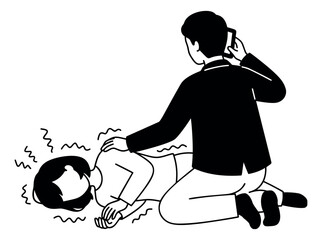 Plakat Line art illustration of person having seizure depicting bystander calling emergency services for medical and first aid use