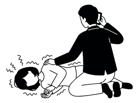 Line art illustration of person having seizure depicting bystander calling emergency services for medical and first aid use