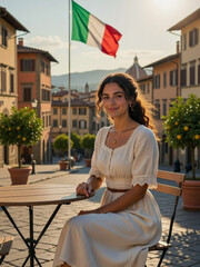 Fototapeta premium A woman in a cream dress smiles in front of an Italian flag in a European square.