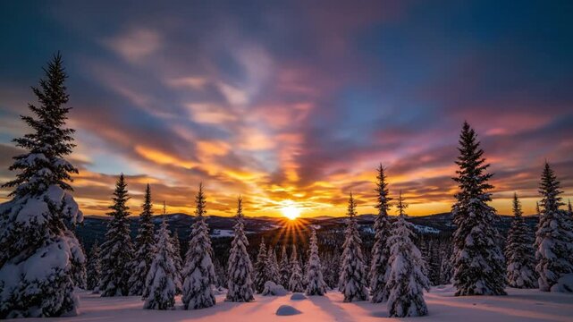 Time-lapse of stunning sunset over snow-covered evergreen trees and mountains in winter landscape