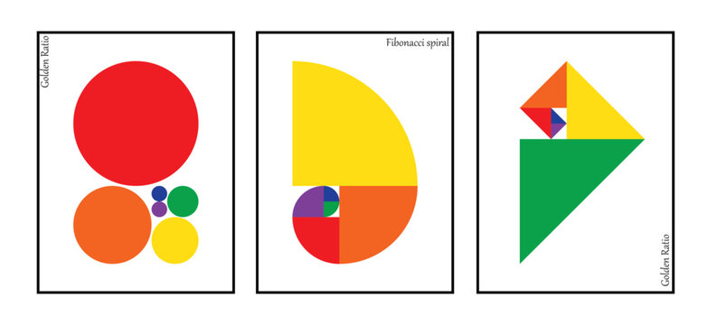 Golden ratio geometric set with circles, Fibonacci spiral and colorful triangles; abstract math vector illustration