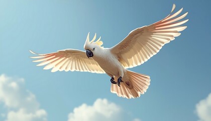 Obraz premium A majestic white cockatoo with yellow crest and widespread wings glides under a sunny blue sky with clouds.