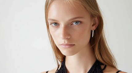Naklejka premium Young woman with natural beauty and delicate facial features looking directly at camera, capturing authenticity and simple elegance in a close up indoor portrait