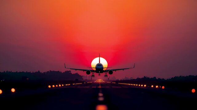 Airplane positioned on runway with bright red sunset sky sun behind wings and illuminated lights along sides
