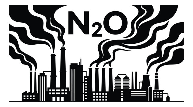 Silhouette illustration of industrial factory emitting N2O nitrous oxide smoke depicting air pollution and greenhouse gas emissions for environmental design