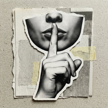 Black and white halftone illustration of a hand making a silence gesture with a finger on lips; paper cutout and torn edges effect. Creative collage element, vintage newspaper aesthetic, clipart 