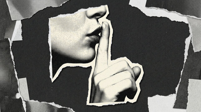 Black and white halftone illustration of a hand making a silence gesture with a finger on lips; paper cutout and torn edges effect. Creative collage element, vintage newspaper aesthetic, clipart 