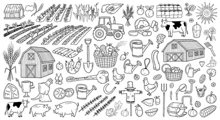 Obraz premium Farm and Agriculture Doodle Icons Collection with Barn, Tractor, Animals, and Farming Tools