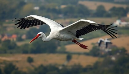 Obraz premium A majestic white stork with long red legs and beak soars over green fields and a village.