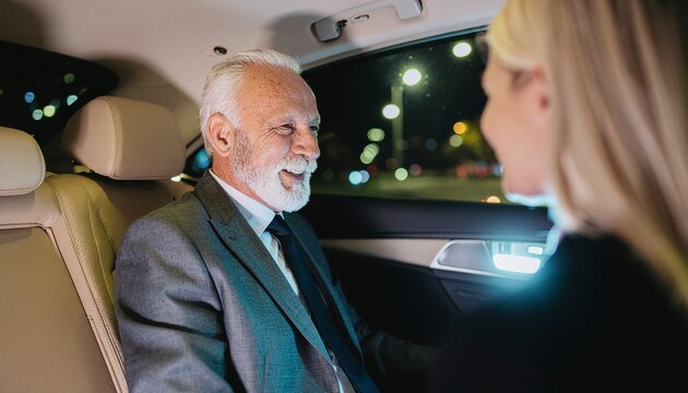 Senior Businessman and Colleague Conversing in Back Seat of Luxury Car at Night