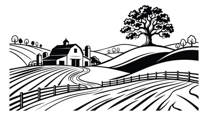 Fototapeta premium Woodcut illustration of a rural farm landscape depicting rolling hills barn fence and tree for agriculture design