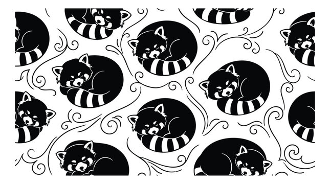 Cartoon seamless pattern of sleeping red pandas featuring curled animals and decorative swirls for textile and stationery design