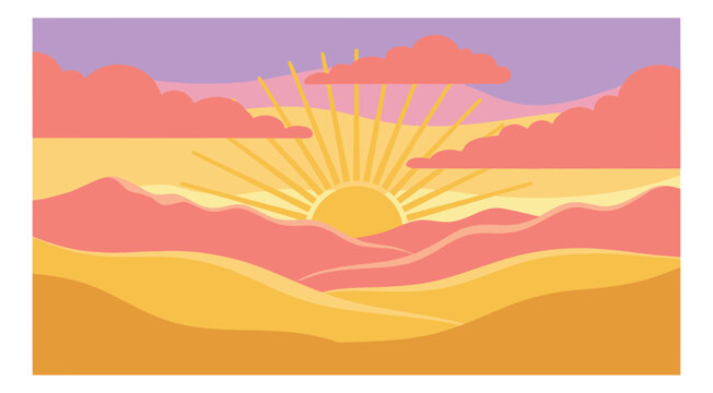 Flat illustration of a desert sunset landscape depicting rolling dunes and sunburst with clouds for travel and nature design