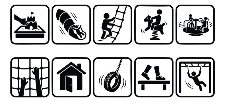 Silhouette icon set of 10 playground equipment symbols featuring sandbox, slide, ladder, spring rider, merry go round, climbing net, swing, seesaw and monkey bars for children activity design