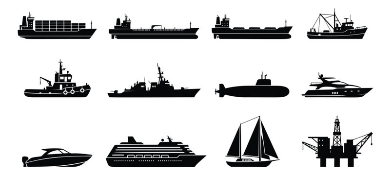 Silhouette icon set of 12 watercraft and marine vessels featuring cargo ship, submarine, yacht, sailboat, tugboat, warship and oil rig for nautical design