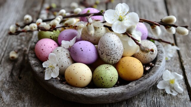 Colorful speckled eggs nestled with blooming branches in a rustic container upon weathered wood
