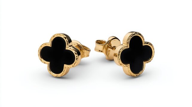 Pair of luxurious yellow gold stud earrings featuring a classic four leaf clover design. Each showcasing a polished black onyx inlay and an elegant textured border