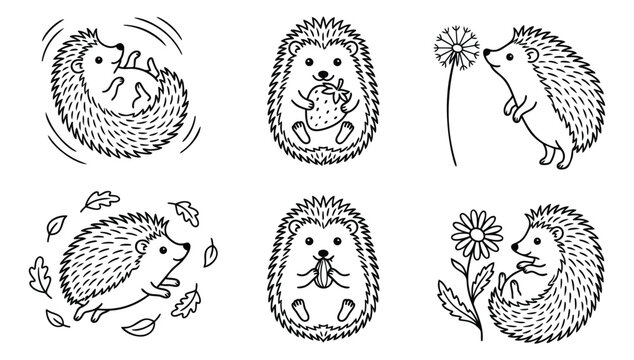 Outline icon set of 6 hedgehogs featuring seasonal activities with strawberry, dandelion, flower and autumn leaves for nature design