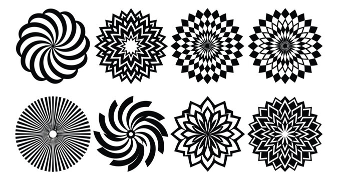 Flat icon set of 8 geometric rosette mandalas featuring radial symmetry spiral and floral patterns for decorative design