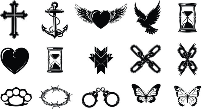 Black Vector Tattoo Icon Set Featuring Cross Anchor Heart with Wings Dove Hourglass Chains Barbed Wire Handcuffs Brass Knuckles and Butterfly