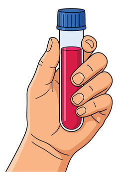 Cartoon illustration of a hand holding a blood sample tube depicting medical testing for healthcare and laboratory design