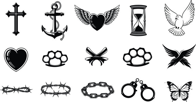 Set of black line tattoo icons including cross, anchor, heart with wings, hourglass, dove, brass knuckles, handcuffs, and butterfly symbols.
