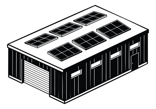 Bold cartoon illustration of an industrial warehouse building depicting solar panels on rooftop for commercial real estate and energy design